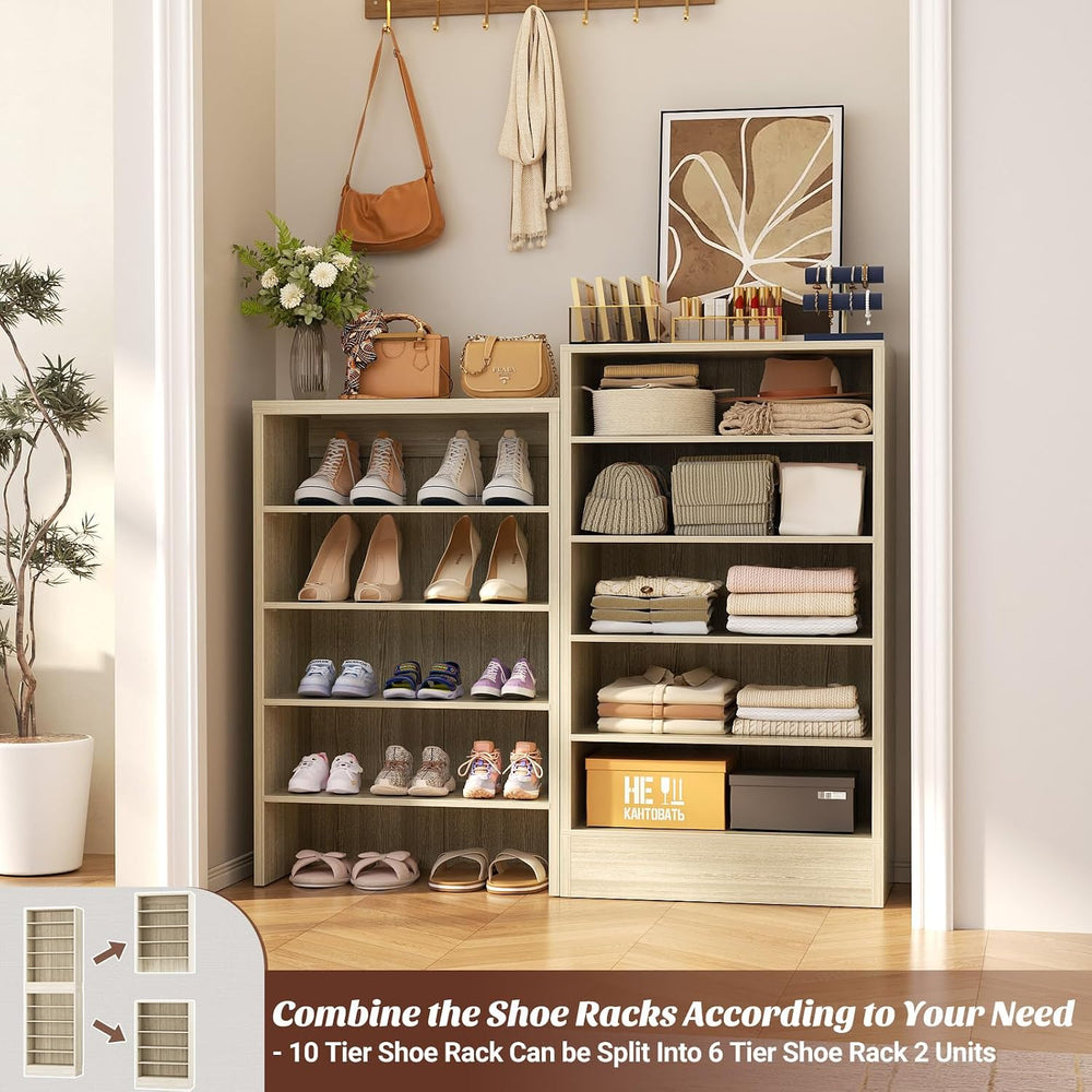 Aheaplus 10 Tiers Narrow Wood Shoe Rack,Tall Shoe Storage Cabinet,White Oak