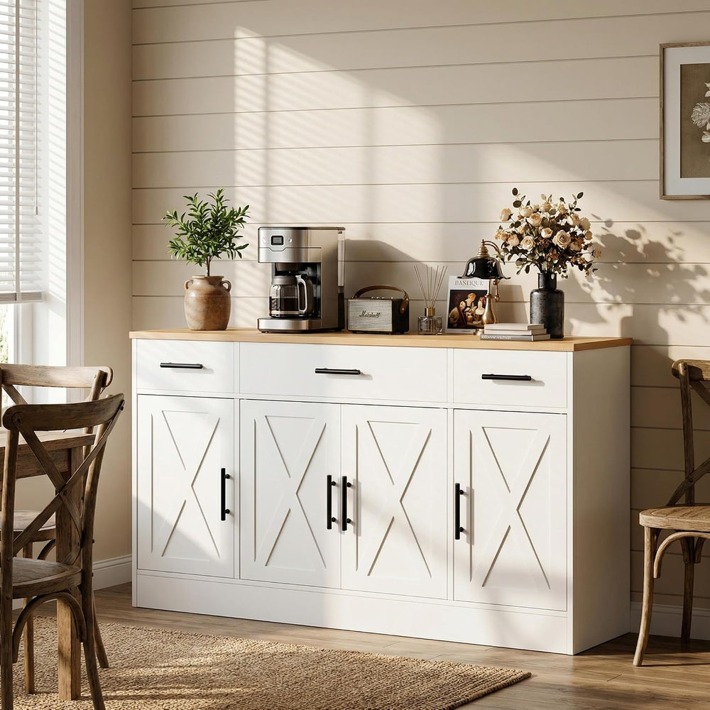 Coffee Bar Cabinet with Storage, Farmhouse Buffet Cabinet with 4 Doors & ...