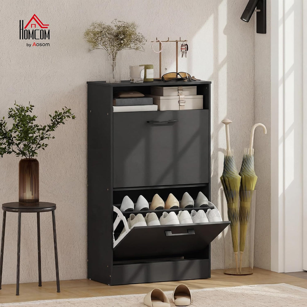 HOMCOM Shoe Cabinet with 2 Flip Drawers, Open Shelf, up to 12 Pairs, Black