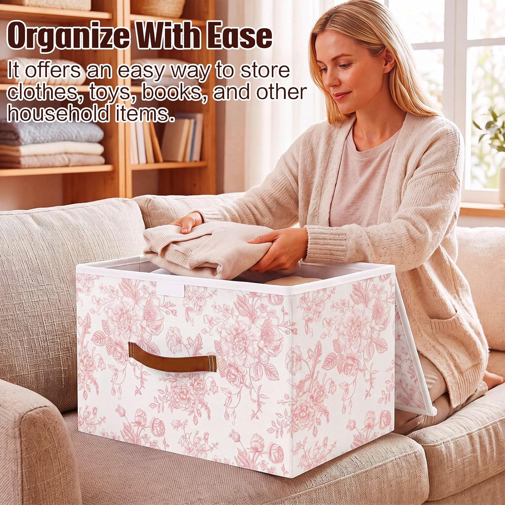 2 Pack Pink Floral Storage Bin with Lids, 17x11x12 Inch