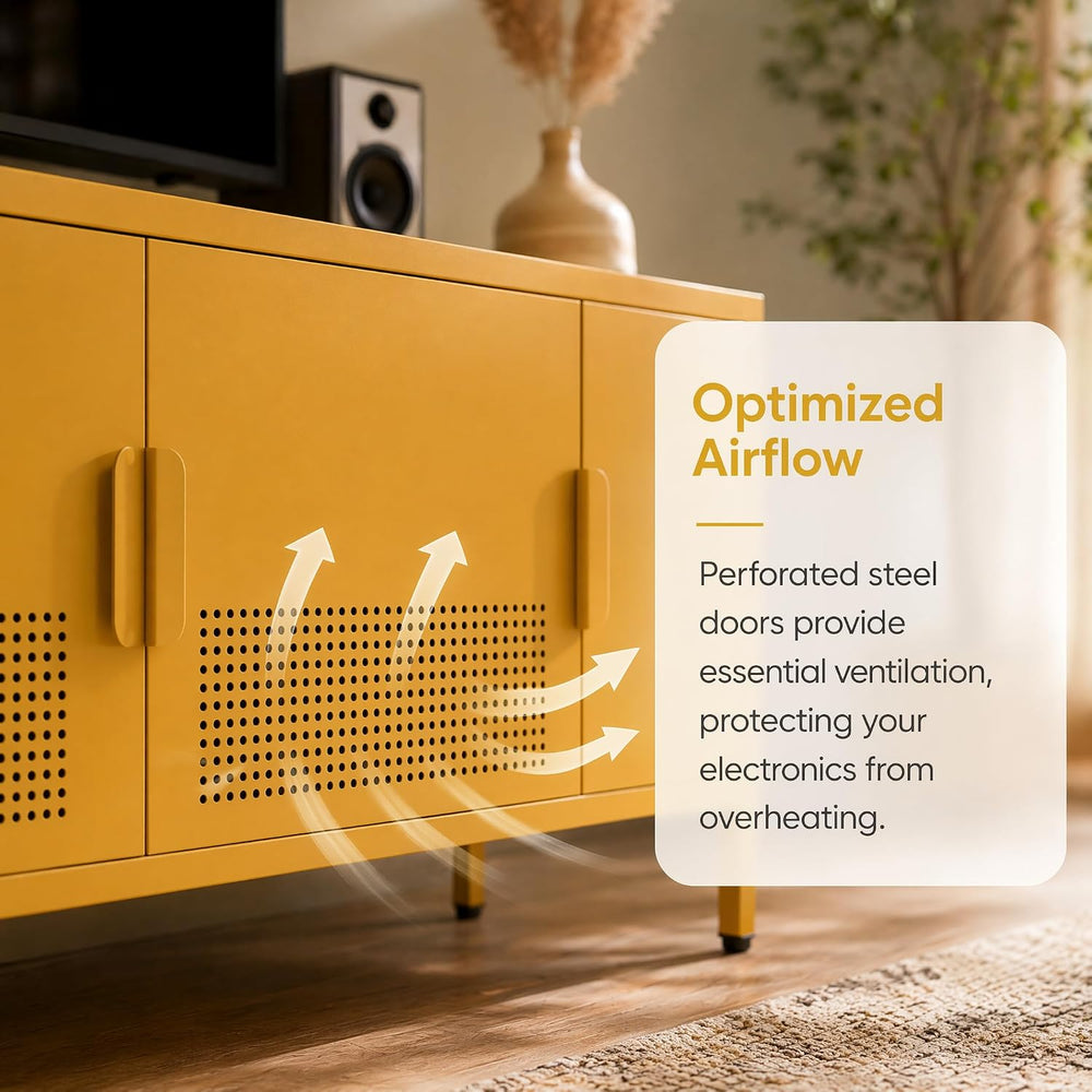 Yellow 47.3" Wide 3 Door Metal TV Stand, 2-Tier Storage Cabinet with Adj...