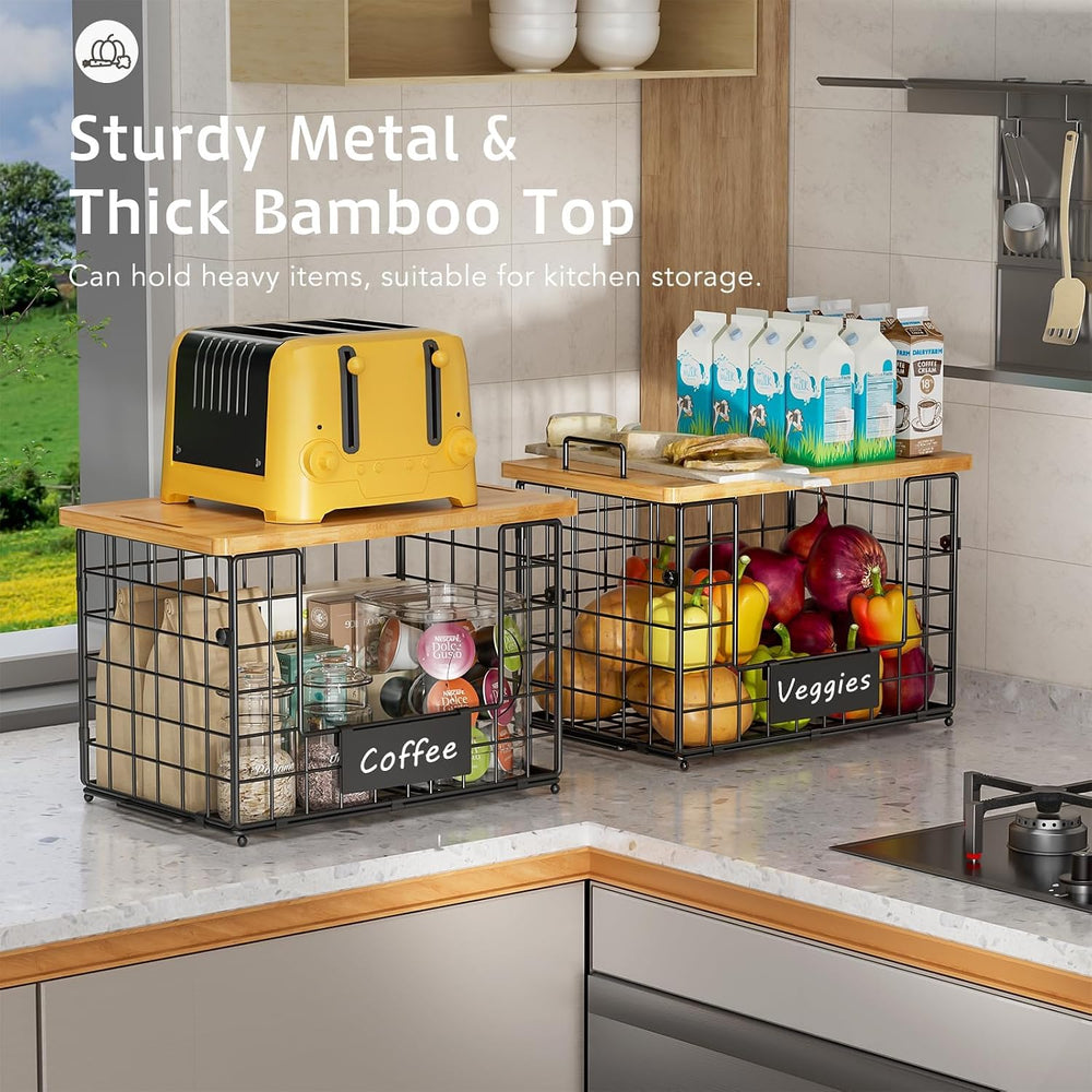 2-Pack Stackable Wire Baskets with 2 Pads & Bamboo Top, Pantry Organizer
