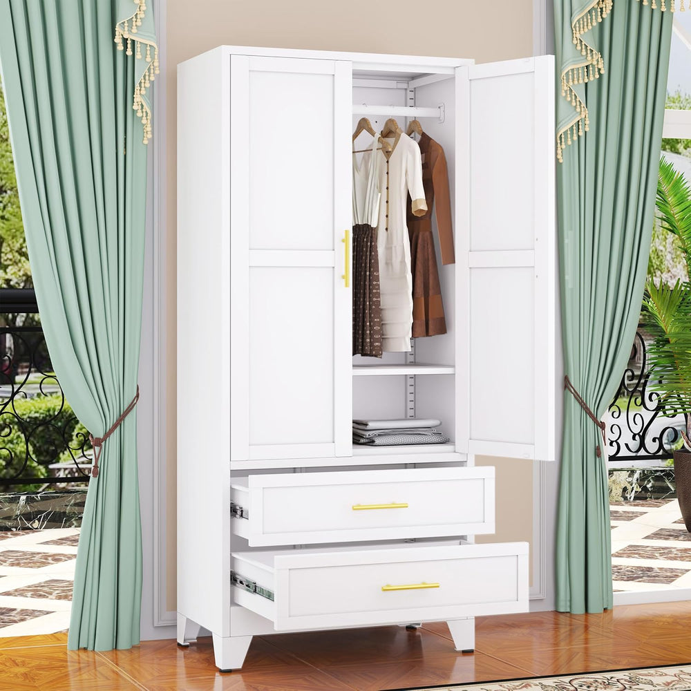 Metal Wardrobe Cabinet with Hanging Rod, Clothing Storage Cabinets