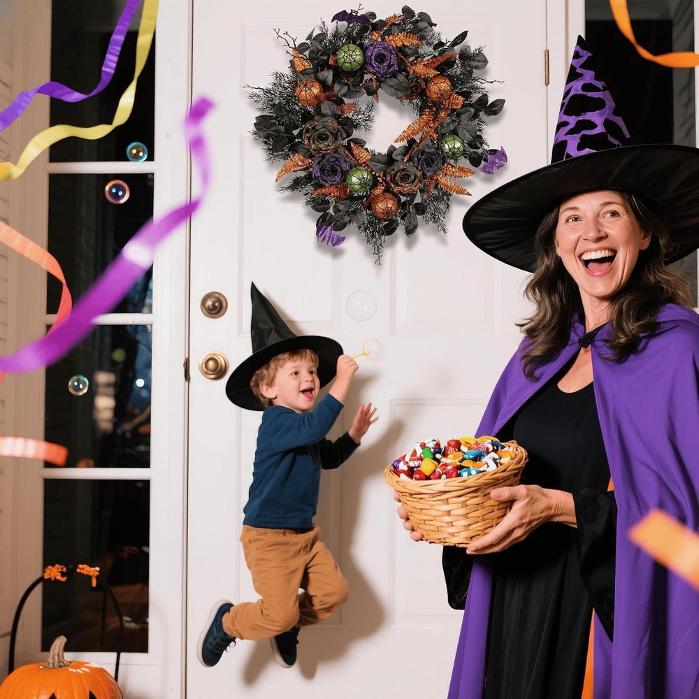22 Inch Halloween Wreath for Front Door, Spooky Black & Purple Glitter Ro...