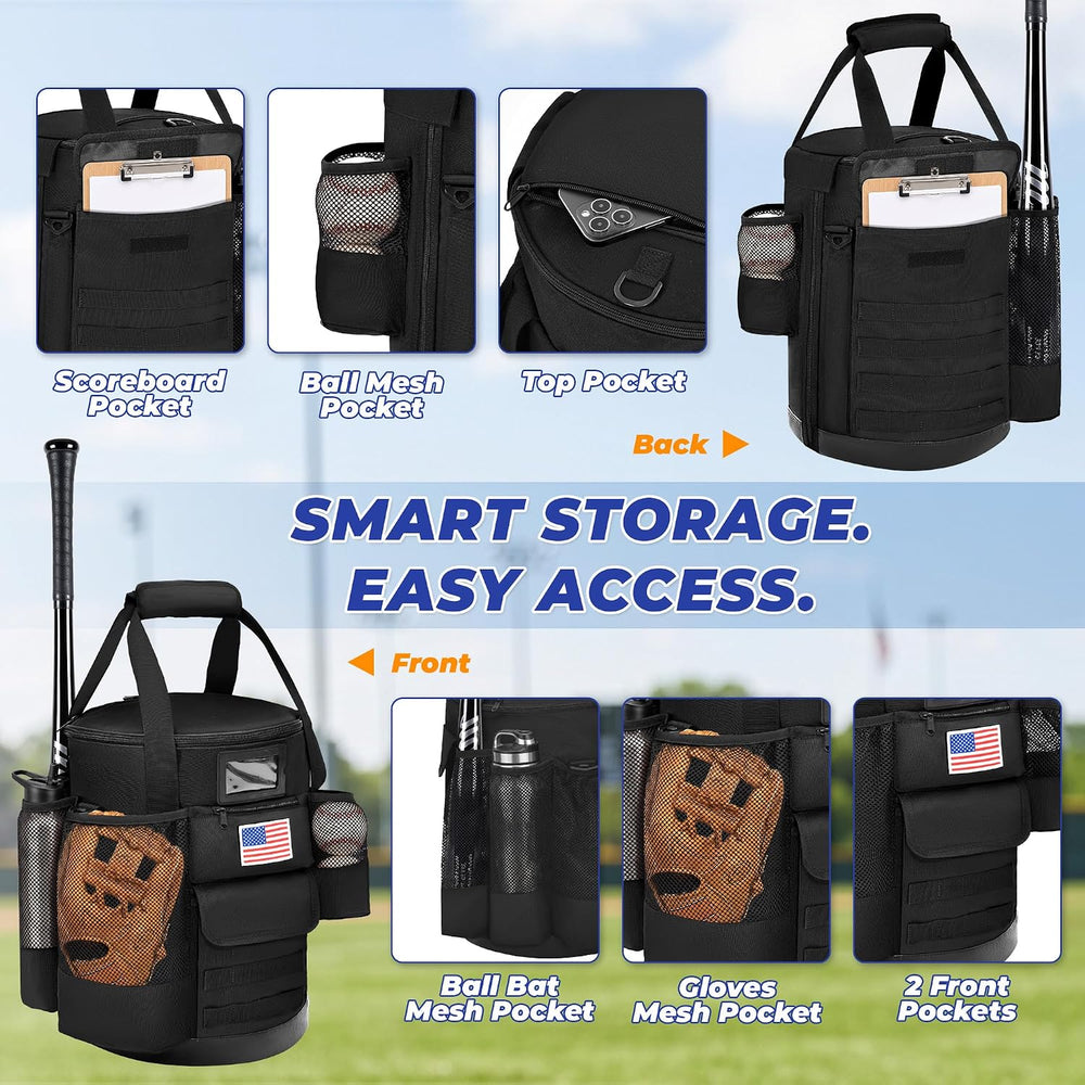 Baseball Bucket Bag, Baseball Equipment Bag with Multiple Pockets