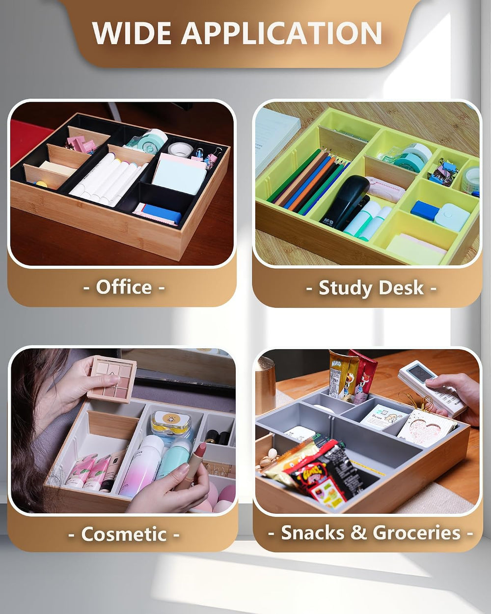 Bamboo Desk Drawer Organizer Tray, Silicone Sturdy Junk Drawer Organizer with...