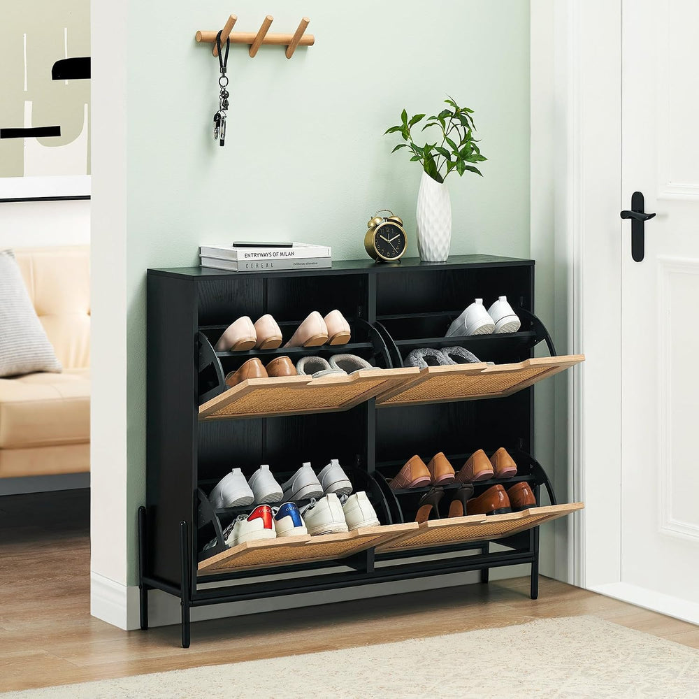 GAOMON Natural Rattan 4 Flip Door Shoe Rack Storage Cabinet, Shoe Cabinet Org...