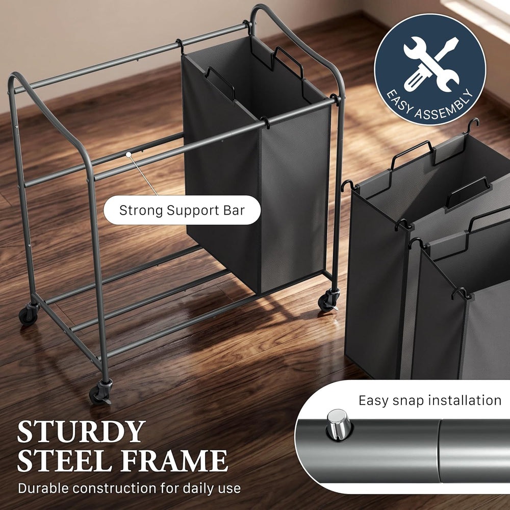 Simple Houseware Heavy Duty 3-Bag Laundry Sorter Rolling Cart, Dark Grey
