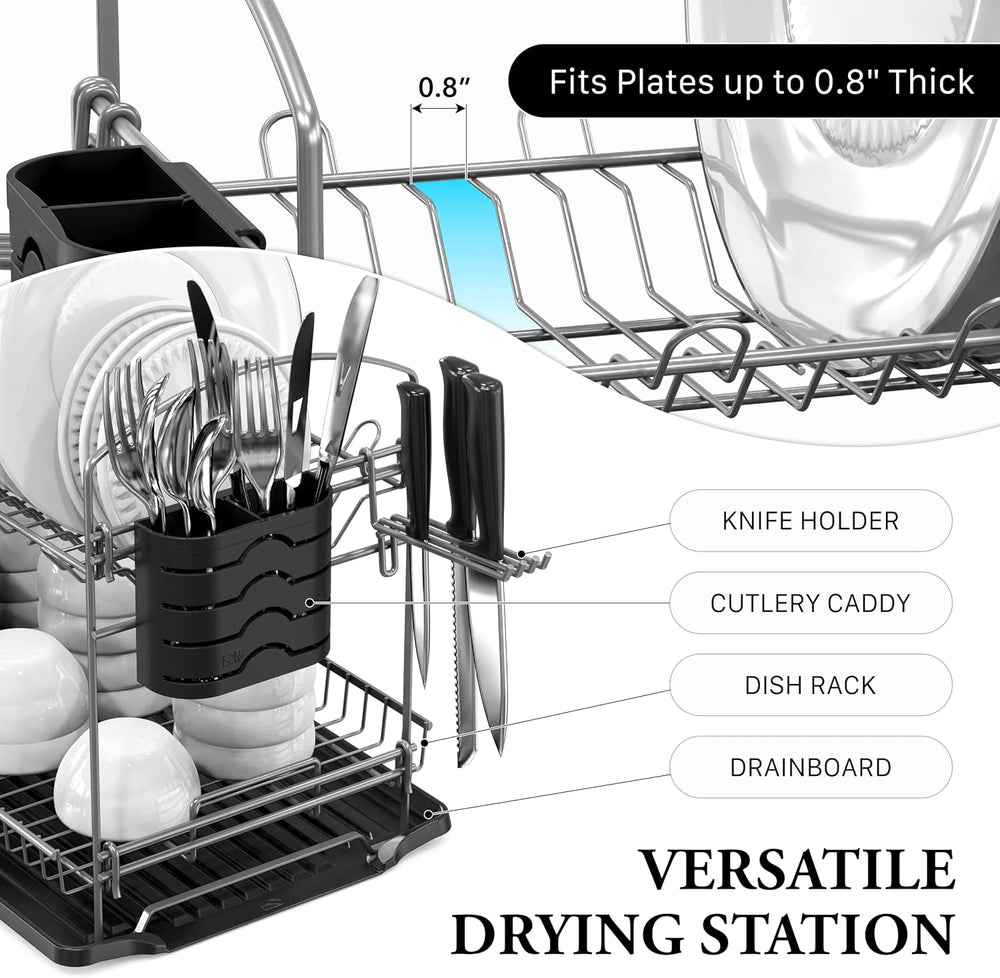 Simple Houseware 2-Tier Dish Rack with Drainboard, Silver