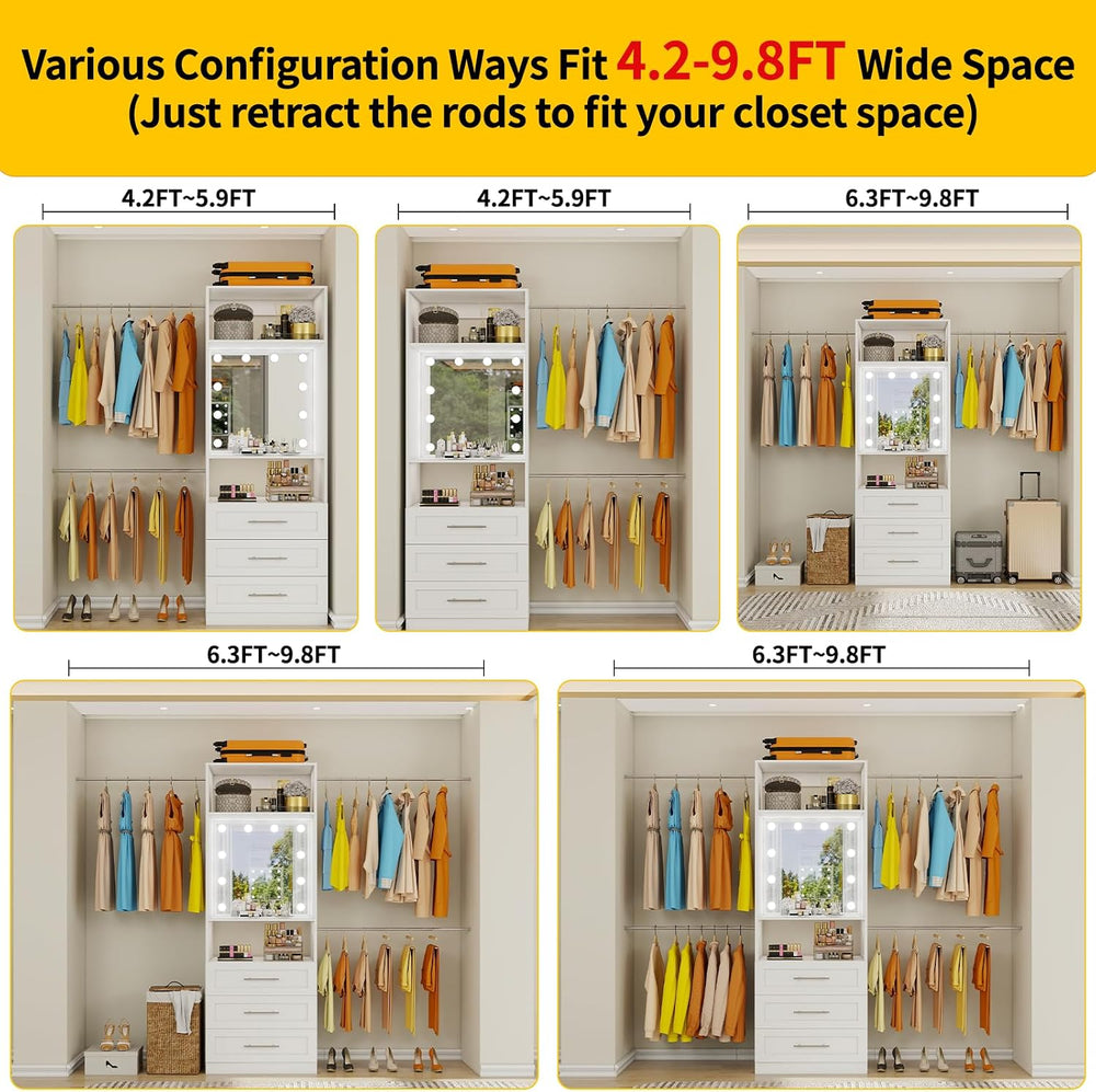 Fastgo Closet System with Drawers, Light & Mirror, 2FT-9.8FT Hanging Clos...