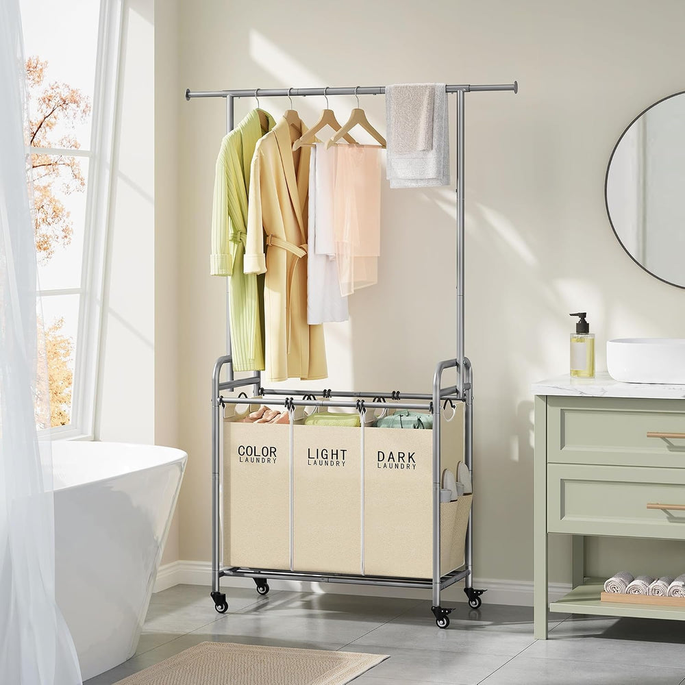 Tajsoon Laundry Hamper with Hanging Rack, Laundry Sorter 3 Section, Beige