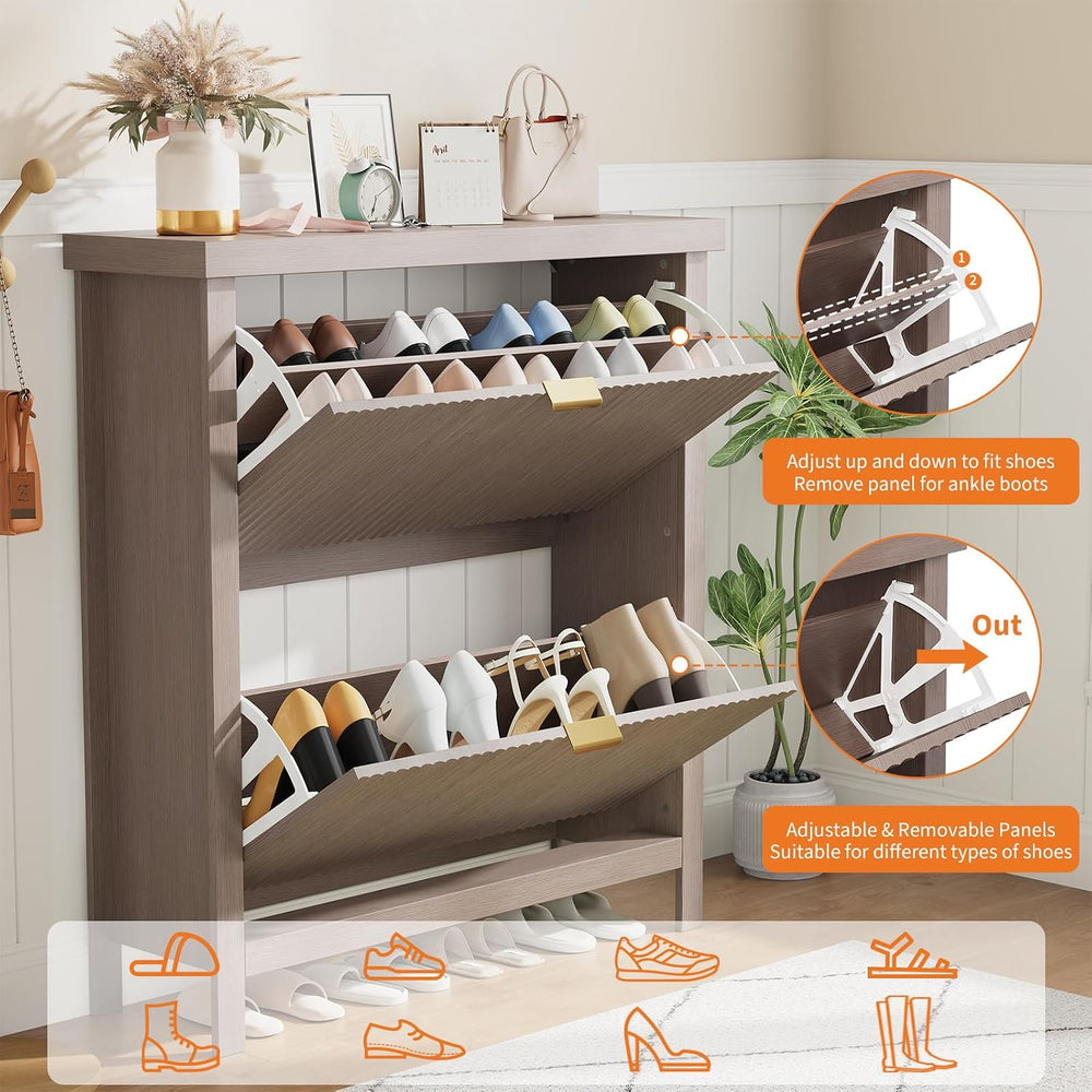 Fluted Shoe Cabinet with 2 Flip Drawers, Slim Entryway Storage