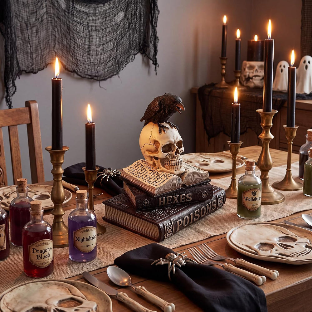 Canchiing Halloween Witch Spellbook Decor Skull Raven Mantel Tabletop Decor