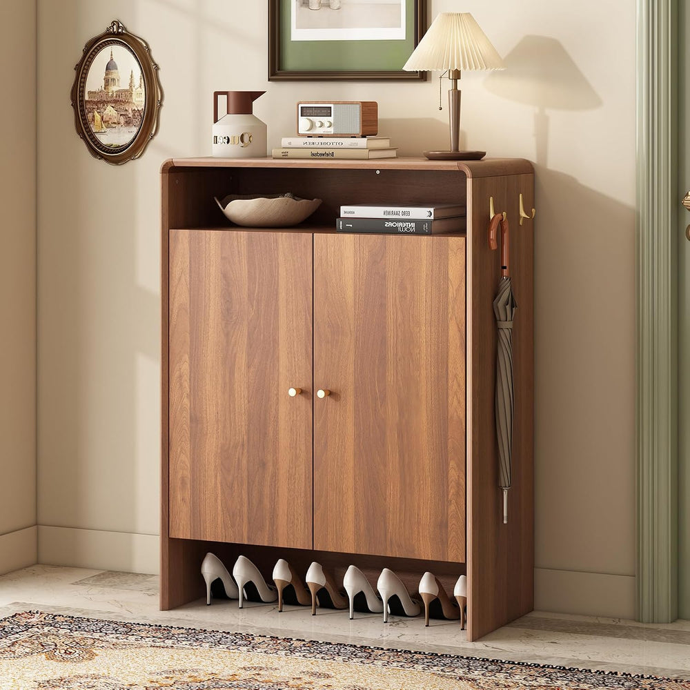 Walnut Shoe Cabinet with Doors, Large Shoe Storage Cabinet for Entryway