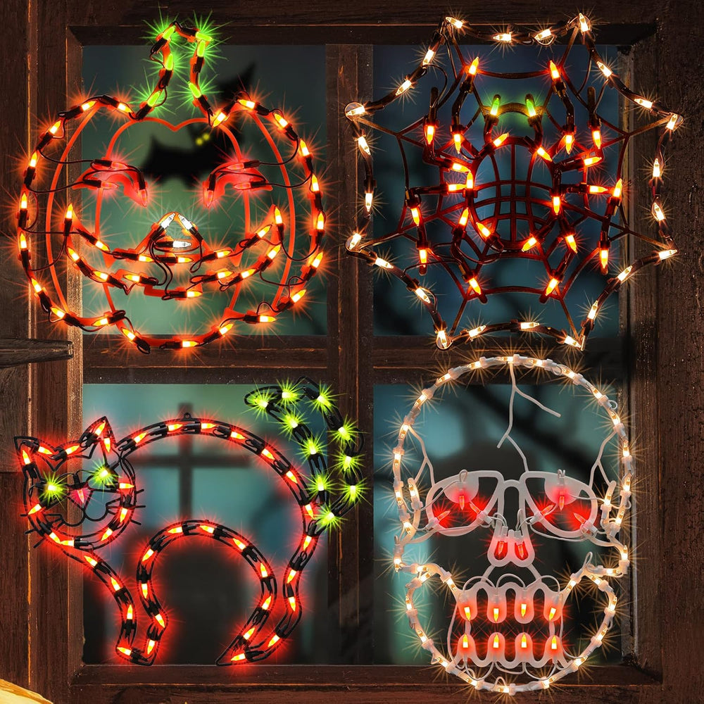 4 Pack Lighted Halloween Window Silhouette Decoration,Jack-O-Lantern, Cobwet,...