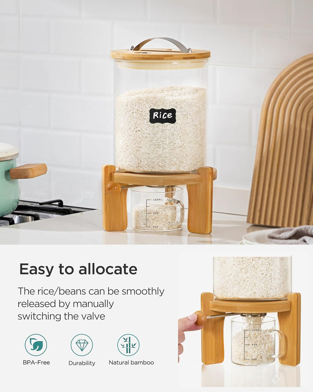 5-7 lbs Glass Rice Dispenser with Wooden Stand Flour and Cereal Container wit...