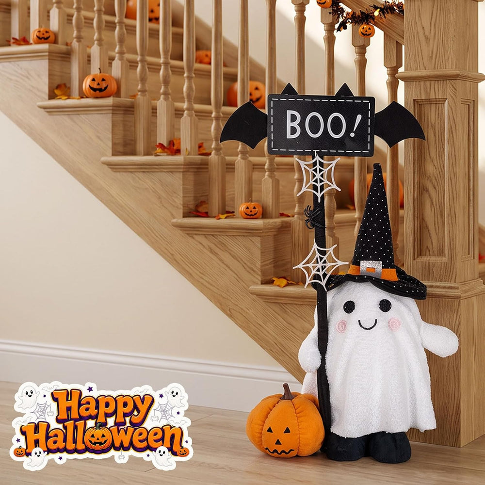 unanscre Standing Halloween Ghost Plush Decor with Adjustable Sign&Pumpkin