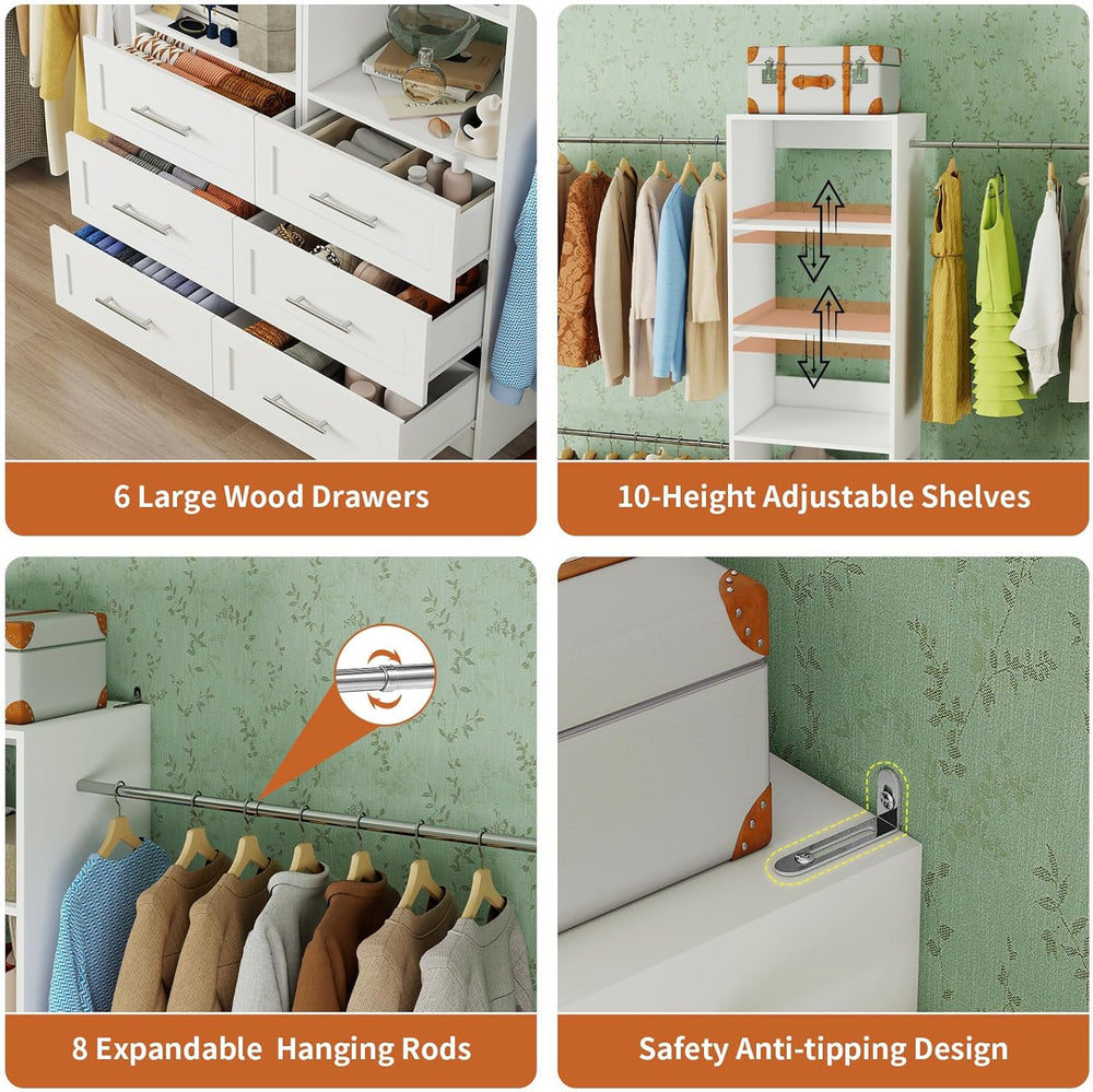 Closet System with 6 Drawers, 5-14FT Custom Closet Organizer System with 8 Ex...