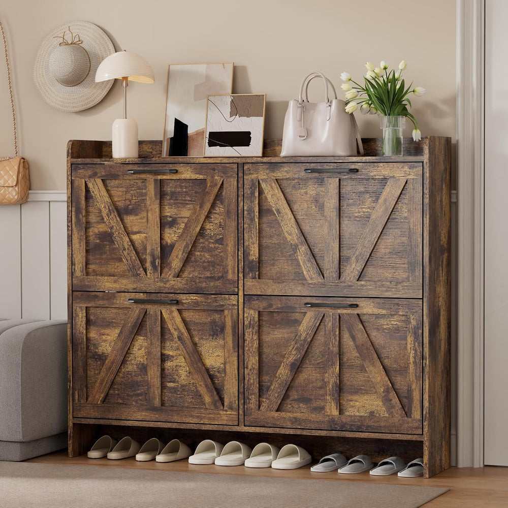 Shoe Storage Cabinet with 4 Flip Drawers, Freestanding Hidden Shoe Cabinet wi...