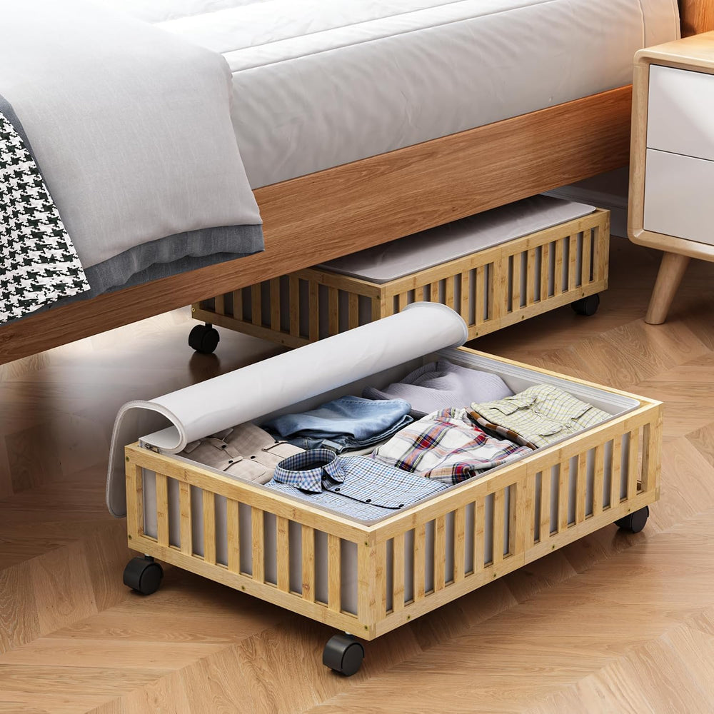 MHXW SXPN 2 Pack Bamboo Under Bed Storage Containers with Wheels, Nature