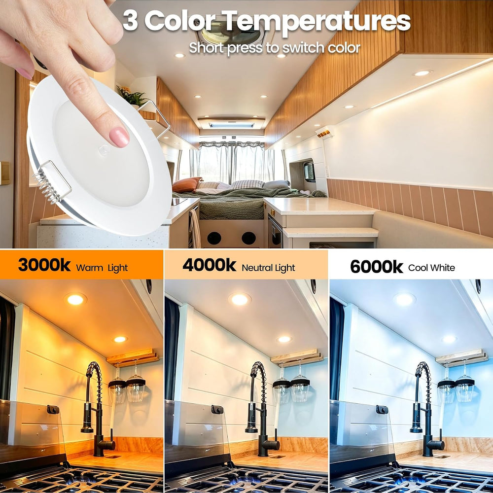 12V LED Puck Lights, RV Boat Recessed Ceiling Light 3” 3CCT 3000K/4000K/6000K...