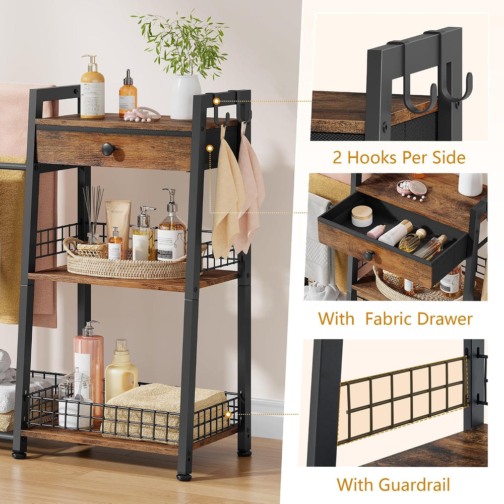 2-in-1 Bathroom Ladder Shelf with Towel Rack & Drawer,Rustic Brown