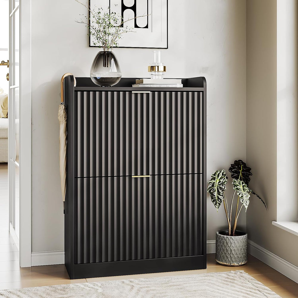 Black Fluted Shoe Cabinet, Narrow Entryway Storage Rack Organizer