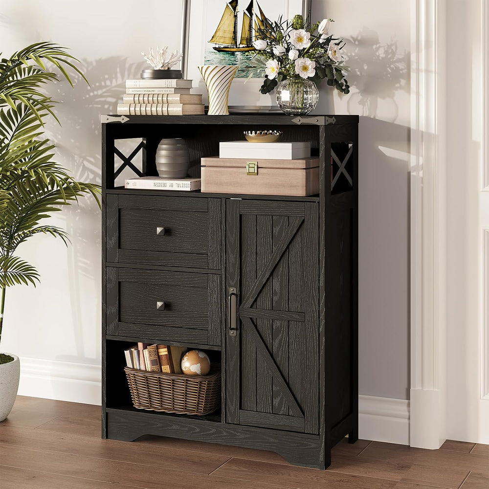 Fameill Farmhouse Storage Cabinet with 2 Drawers & Shelves,Black