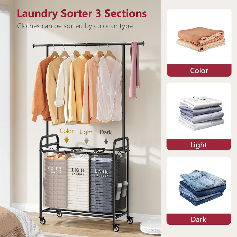 Tajsoon Laundry Sorter Cart with Hanging Clothes Rack, 3 Section, 3 Colors