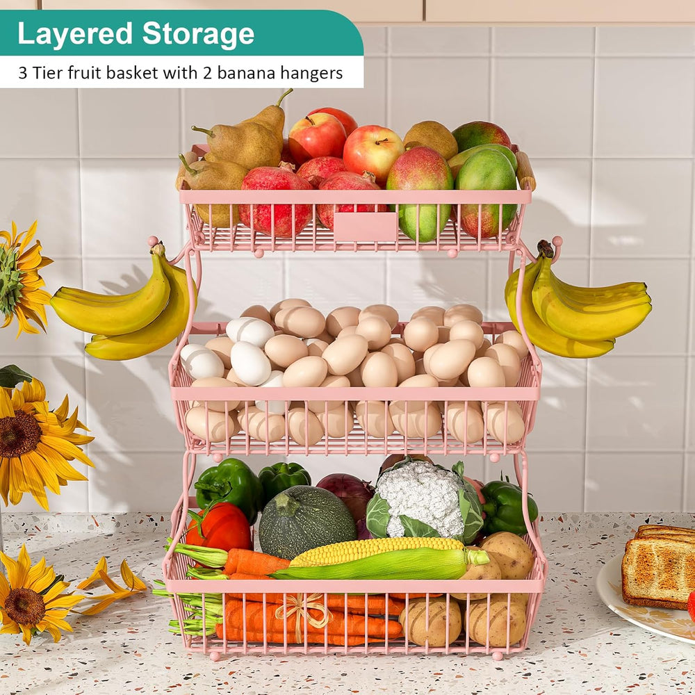 3 Tier Fruit Basket for Kitchen Counter with 2 Banana Hangers, Countertop Met...
