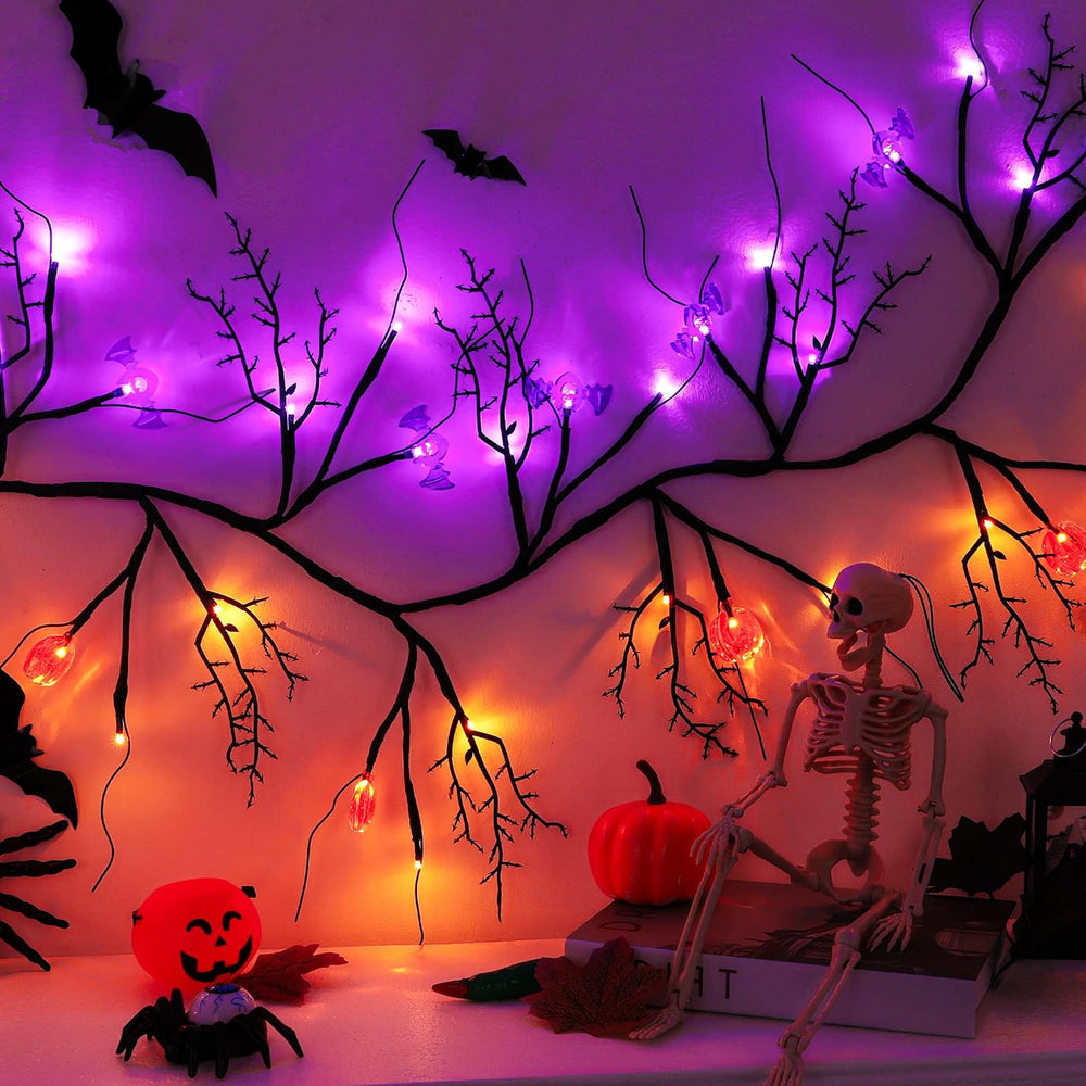 9 FT 72 LED Willow Vine Twig Decor Black Halloween Garland with Pumpkin &...