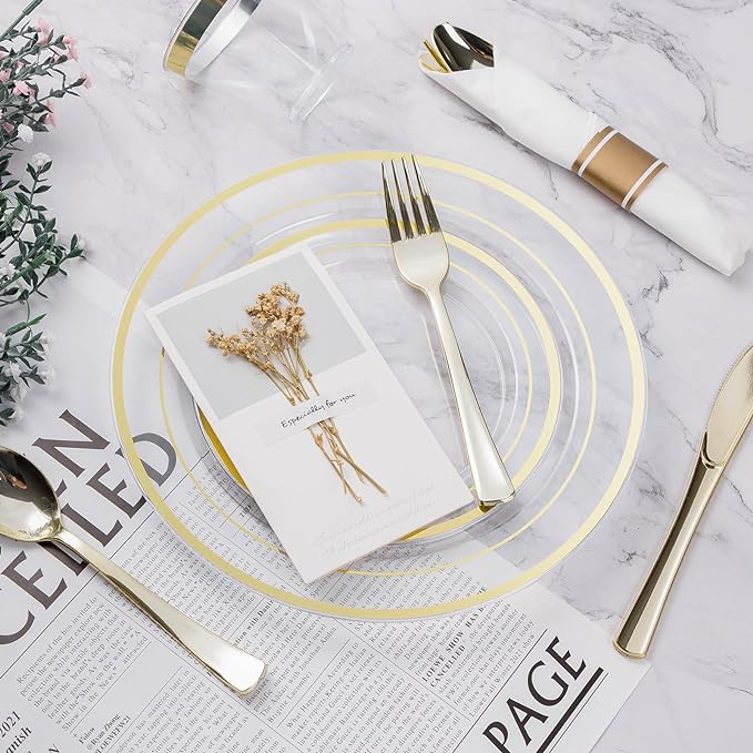 BESTVIP 175PCS Clear Gold Plastic Dinnerware Set, Disposable Party Plates for...