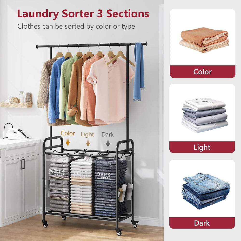 Tajsoon Laundry Sorter with Hanging Bar, 3 Section Laundry Hamper, Black