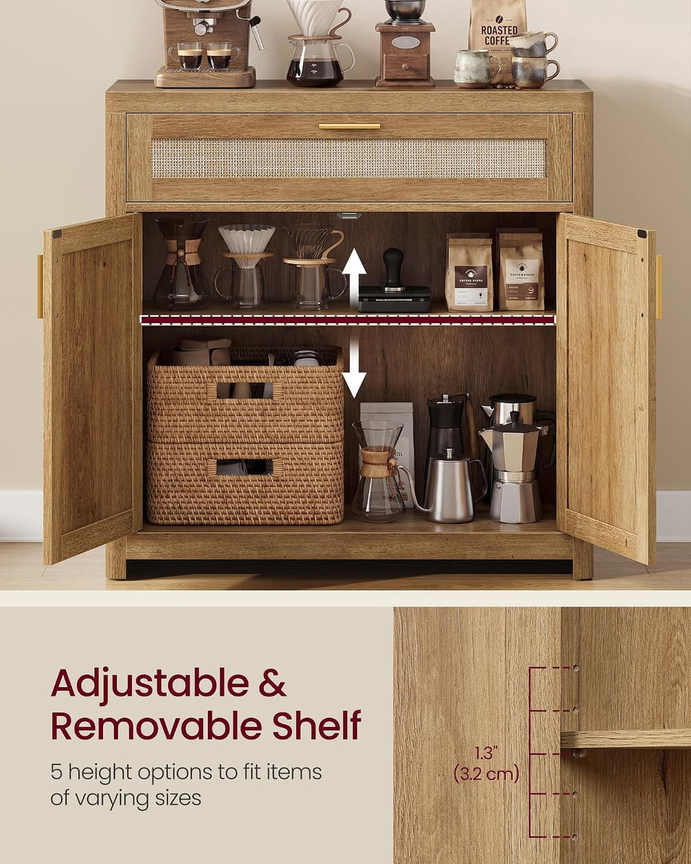 VASAGLE Boho Buffet Cabinet with Rattan-Look Doors, Adjustable Shelf