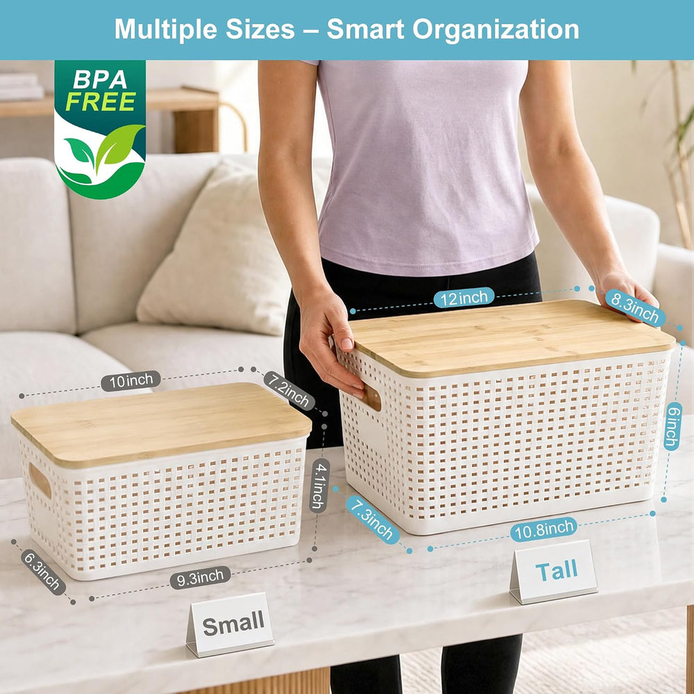 Bagnizer Small Plastic Storage Bins with Bamboo Lids 5.2qt Stackable Box Bask...
