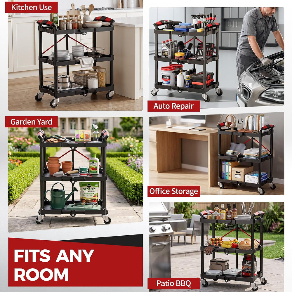 Rolling Cart, 3-Tier Utility Cart, 25 x 16 in Foldable Tool Cart, 300 lb