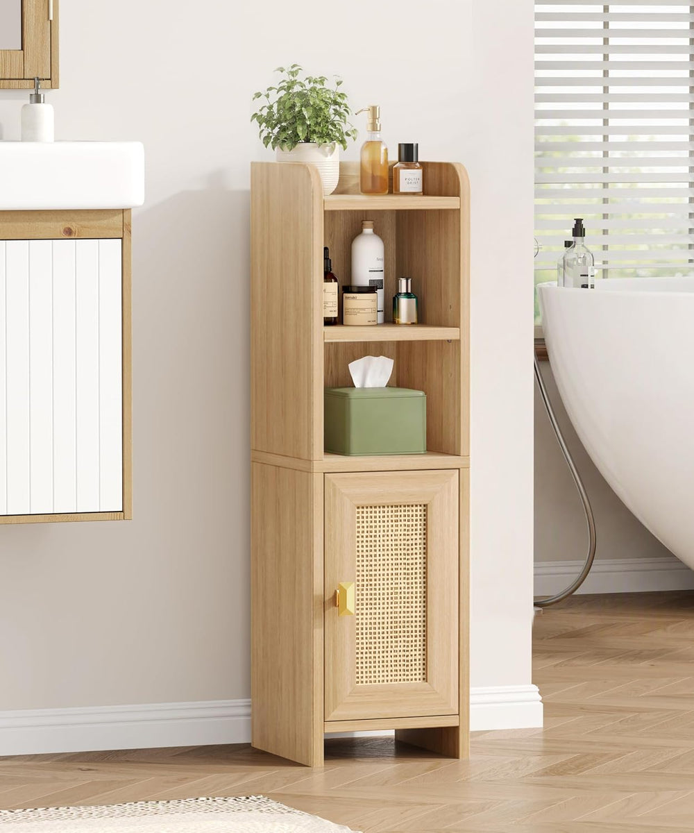 Akxomel Rattan Small Bathroom Storage Cabinet with 2 Open Shelves, Oak