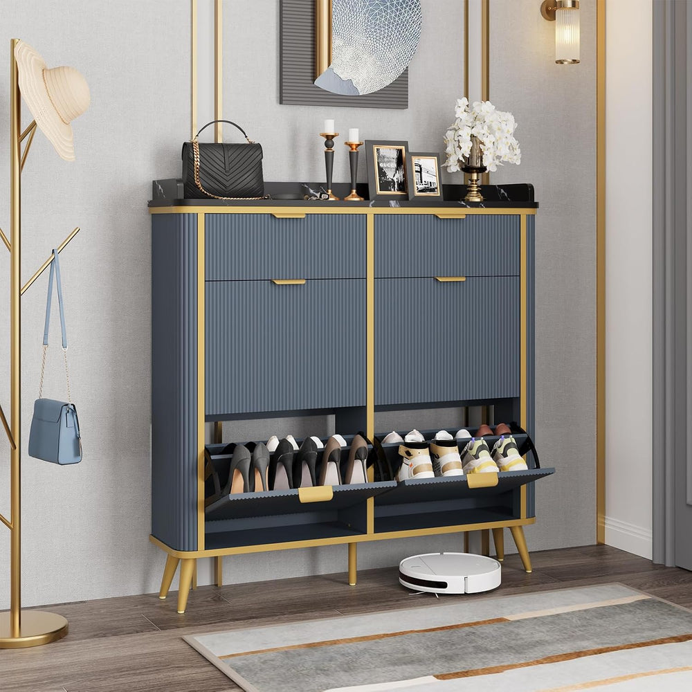 Fluted Shoe Storage Cabinet with 4 Flip Drawers & 2 Drawers, Freestanding...