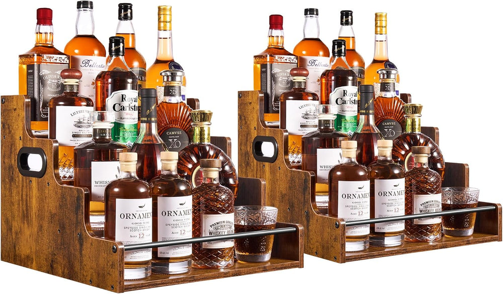 YQBRAO 2-Pack 4-Tier Liquor Bottle Display Shelf, 16-Inch, Rustic Brown