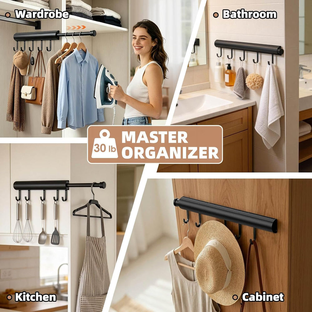 Pisman Valet Rod for Closet Pull Out 12 Inch with 5 Hooks - Black 2 Pack