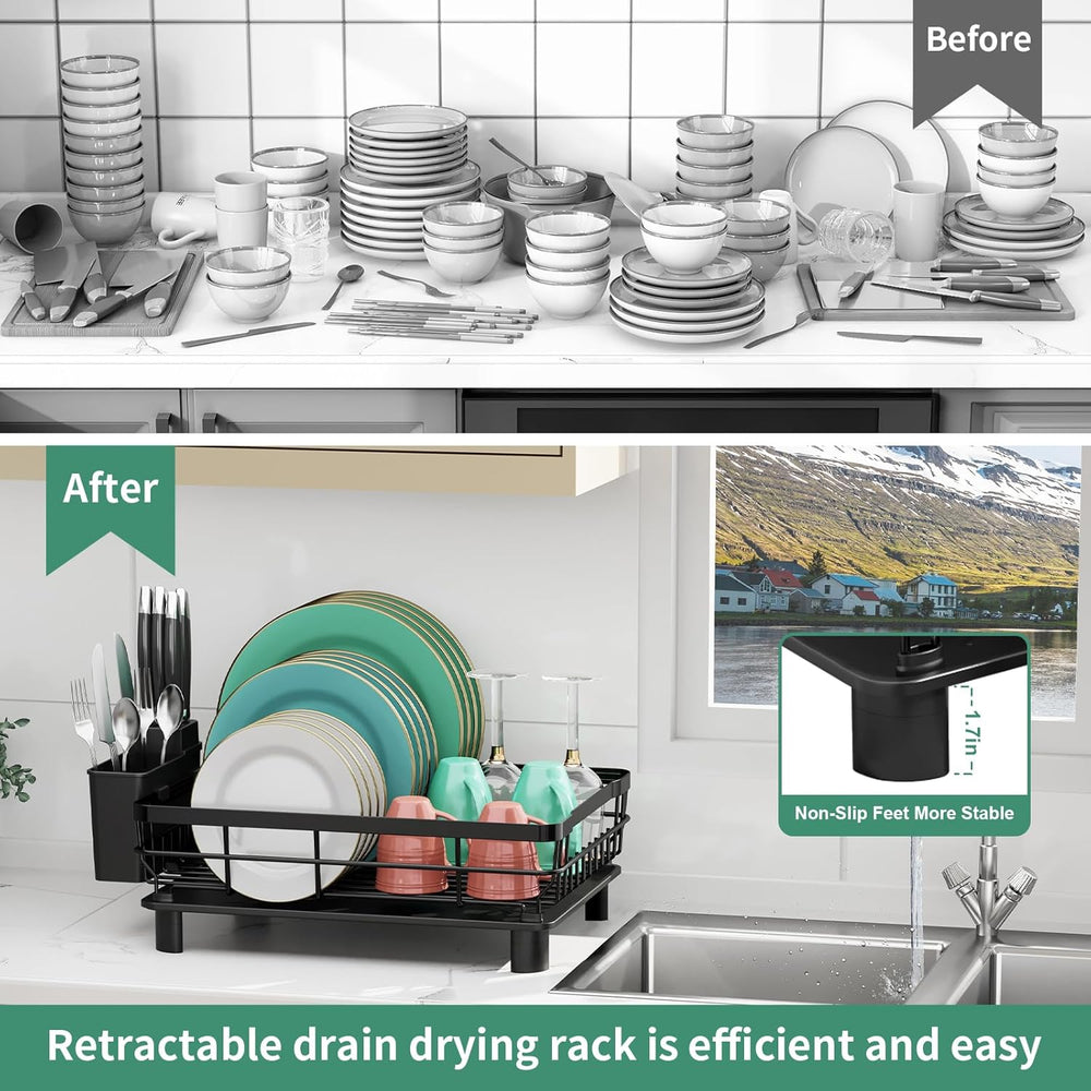MOUKABAL Dish Drying Rack with Drainboard for Kitchen Counter, Black