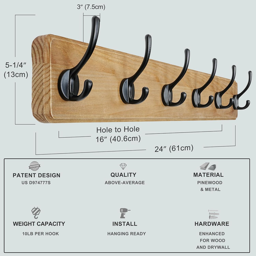 Dseap Coat Rack Wall Mount: 24" Long, Patented, Heavy-Duty, 6-Double-Hoo...