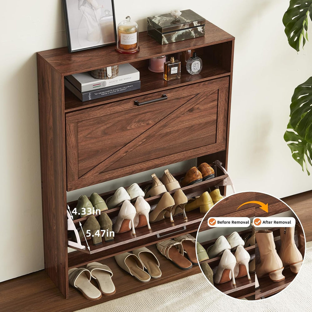 RWYHG Shoe Cabinet with 2 Flip Drawers, Narrow Entryway Organizer,Walnut