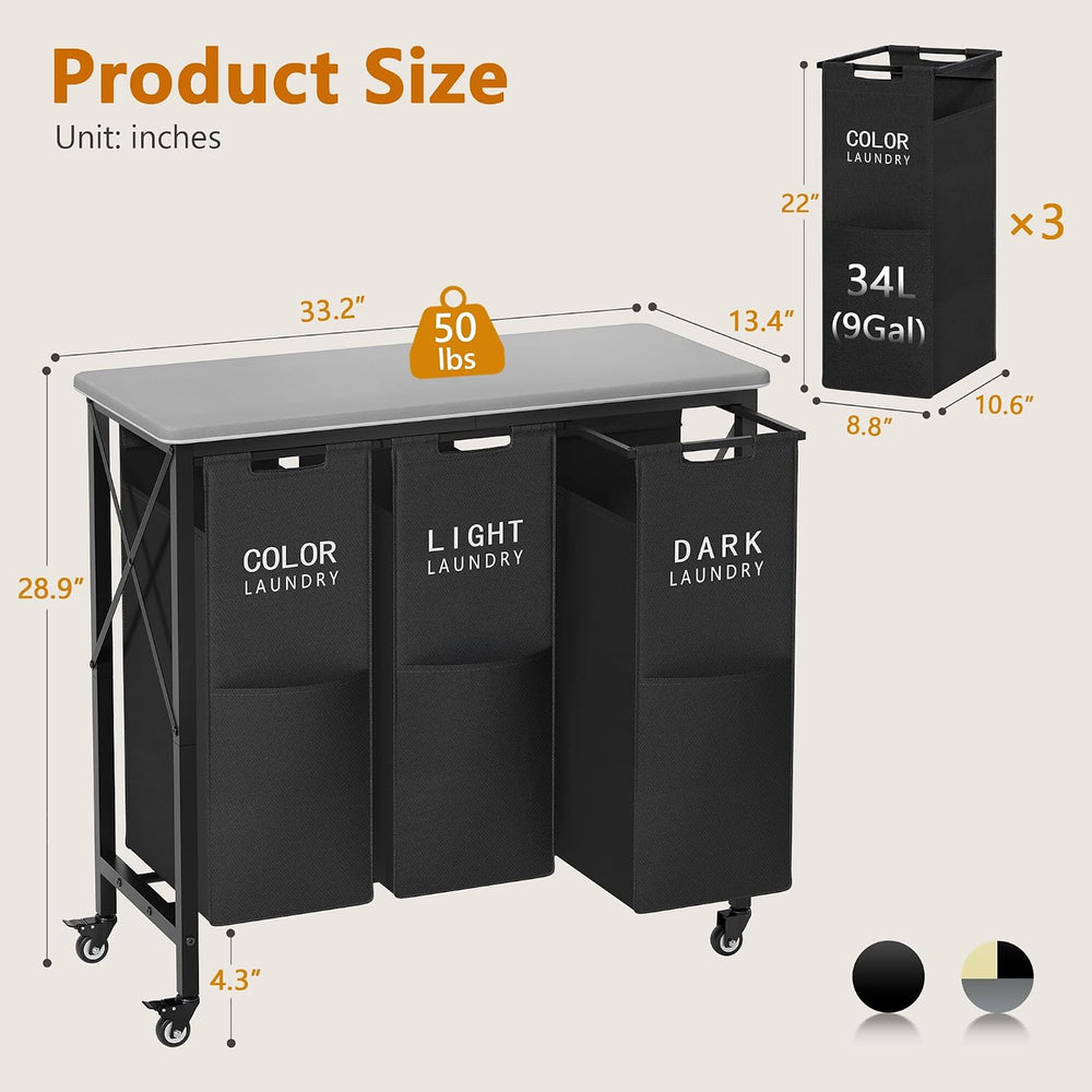 3 Section Laundry Sorter with Ironing Board, Black