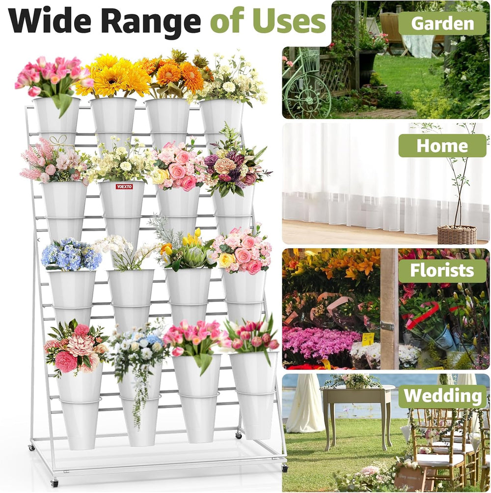 Flower Display Stand 4 Layers with 16 PCS Round Buckets, Plant Stand with Whe...
