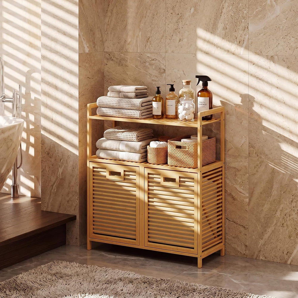GOFLAME Bamboo Double Tilt Out Laundry Hamper Cabinet with Shelves