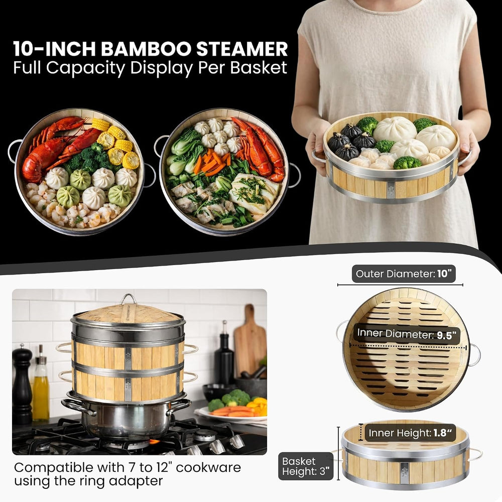 Bamboo Steamer 10" - Heavy-Duty Dumpling Steamer Basket, 2 Tier Bamboo S...