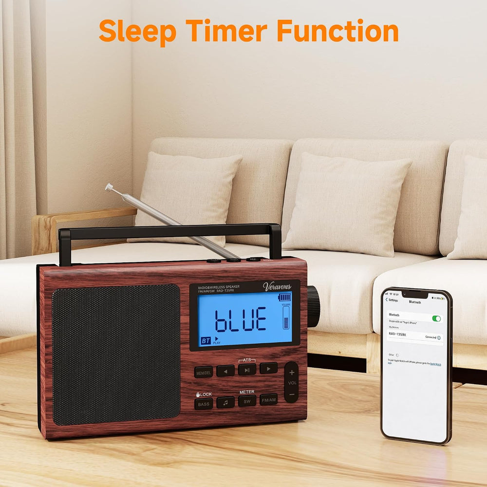 Portable Bluetooth AM FM Shortwave Radio AC & Battery Powered