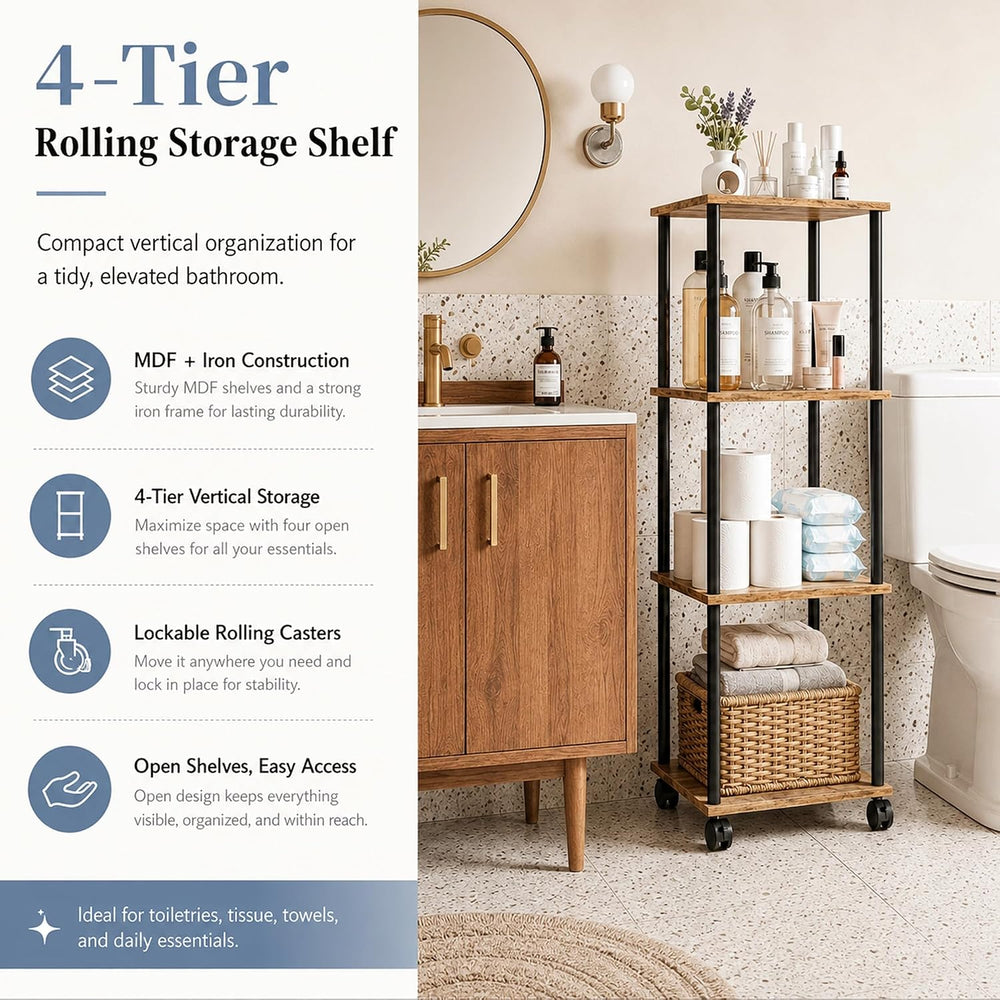 4-Tier 38.2" Tall Rustic Brown Bathroom Shelving Unit with Wheels