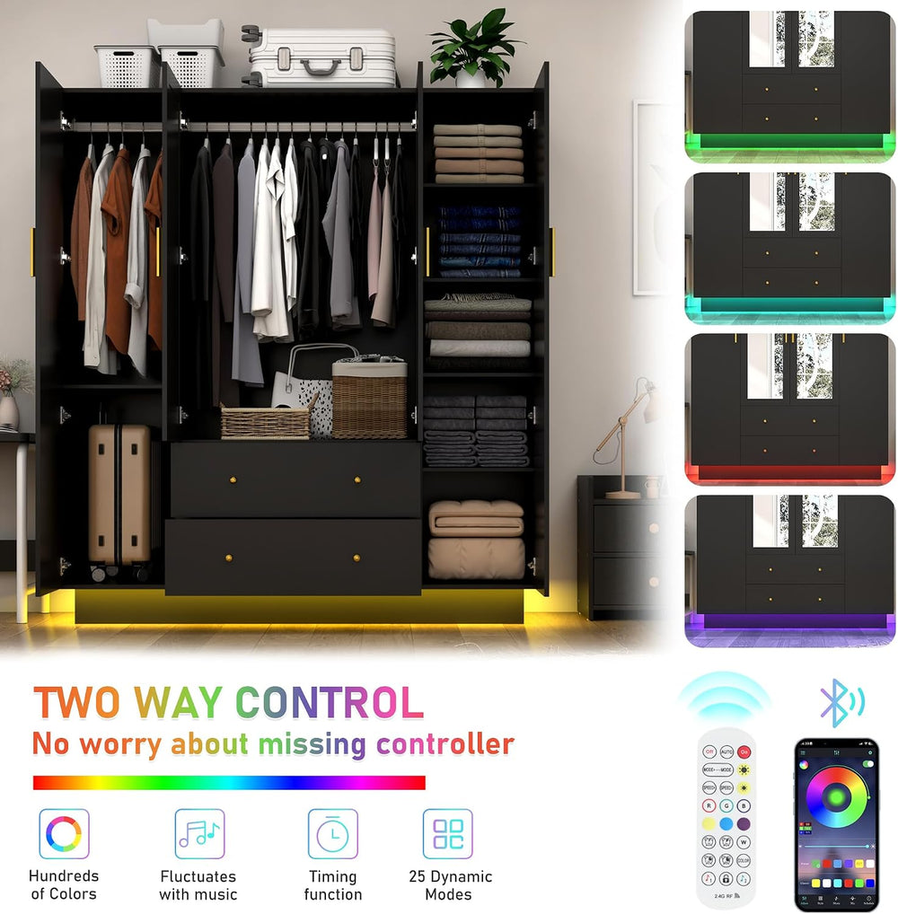 jiteentarou 4 Door Wardrobe Closet with Mirrors and LED Lights, Bedroom Armoi...